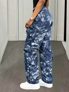 Women's Street Tie-Dye Print Zipper Pocket Cargo Pants - Navy Blue - View 4