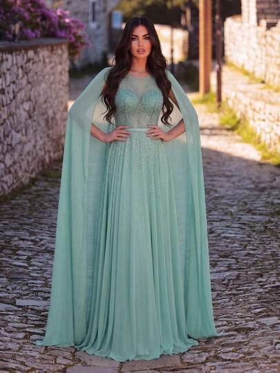 Faeriesty Abaya Elegant Round Neck Formal Evening Gown, With Capelet Shawl And Flowing A-Line Dress - An Ideal Choice For Glamorous Galas, Luxury Wedding Receptions, Renowned Charity Events, And Grand Balls. Party Spring