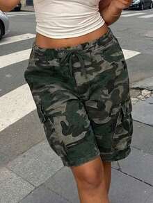 Women's Drawstring Elastic Waist Multi-Pocket Loose Straight Leg Cargo Denim Shorts - Army Green 4 - View 6