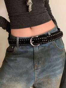 1pc Women's Black PU Leather Faux Suede Punk Style Double Rivet Decor Belt, Versatile Waist Band - Black - View 8