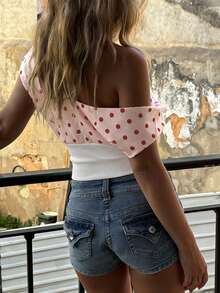 Marisole Women's New Style Sexy Dot Print Off Shoulder Asymmetrical Boat Neck Sleeveless Slim Fit Polka Crop Tank T Shirt, Y2K Streetwear Fashionable Casual Going Out Top, Spring Summer Fall - Multicolor - View 7