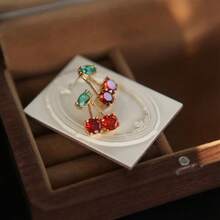 Sweet Red  Cherry Leaf Stud Earrings For Women Cute Crystal Fruit Earring Fashion Daily Wear Party Jewelry Gift Aesthetic YVOO - ER24Y0543 - 查看 1