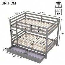 Bunk Bed, 140 X 200 Cm, Children's Bed With Drawers, Storage Space, High Guardrails, Grey - Grey - View 6