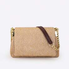 Khaki Square Straw Vacation Bag, Modern Minimalist Luxury Style Women's Shoulder Bag With Embroidered Lines, Metal Chain, Zipper Closure, Suitable For Daily Shopping And Casual Wear ,Holiday - Khaki - View 8