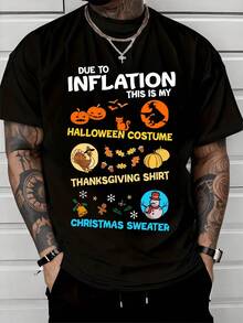 Gráficos divertidos que muestran calabazas murciélagos gato silueta de bruja pavo hojas de otoño copos de nieve muñeco de nieve y frases humorísticas sobre Halloween Acción de Gracias y Navidad camiseta de hombre casual de algodón cómoda para fiestas y uso diario - Negro - Ver 1