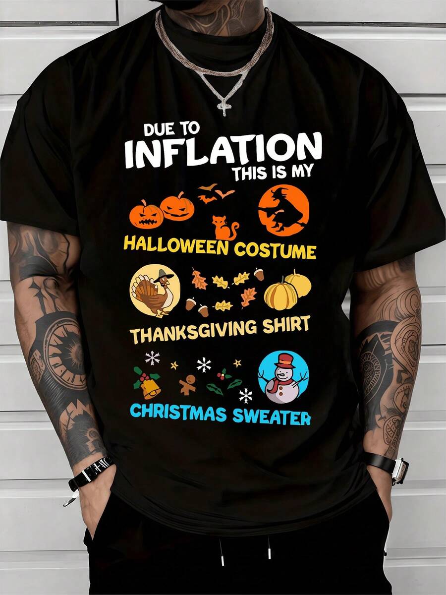 Gráficos divertidos que muestran calabazas murciélagos gato silueta de bruja pavo hojas de otoño copos de nieve muñeco de nieve y frases humorísticas sobre Halloween Acción de Gracias y Navidad camiseta de hombre casual de algodón cómoda para fiestas y uso diario - Negro - Ver 1