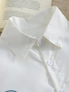Camisa de manga corta casual y linda con estampado de animales del parque de dibujos animados para niños - Parte superior cómoda de verano para niño, adecuada para viajes, fiestas y uso diario - Blanco - Ver 4