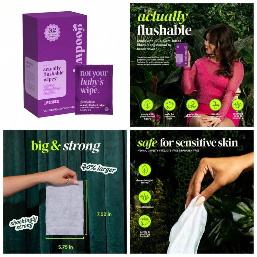 Flushable Wipes For Adults On The Go Individually Wrapped Personal Cleansing Cloths Travel Size Septic And Sewer Lavender Scented 32 Count - 1 - Xem 1