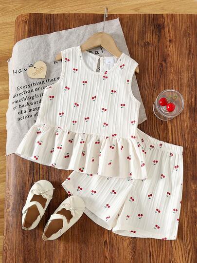 2pcs/Set Young Girls' Refreshing Sweet Cherry Print Sleeveless Top + Textured Casual Cute Shorts Set, Summer