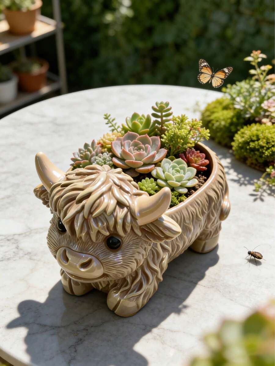 Charming Highland Cow Sculpture, Rustic Style Animal Resin Planter, Multi-Functional Decor For Flower Arrangement And Pen Holder Storage, Suitable As Thanksgiving, Harvest Festival, Christmas Gift For Indoor Room, Patio And Balcony Decoration - B - View 1