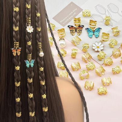 34件套春日花园风发圈，包含黄绿色蝴蝶、雏菊、珍珠、梅花和皇冠造型，优雅可调节合金发夹，花卉波西米亚风皇家发饰，适合女性编发和各种发型。