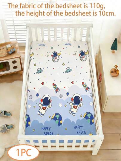 1件婴儿床单，110克宇航员图案单人床单，涤纶材质，数码印花，适合装饰婴儿房，节日礼物，四季皆宜，不含枕套