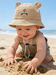 1 chiếc mũ chống nắng chữ cái A-Z cho bé trai và bé gái, mũ vành rộng chống nắng ngoài trời, mũ xô cho bé có dây buộc cằm - Màu Khaki - Xem 5