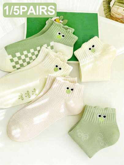 1/5双装女士短袜，绿色格子蝴蝶结，卡通可爱眼睛图案，时尚休闲袜，适合春夏穿着