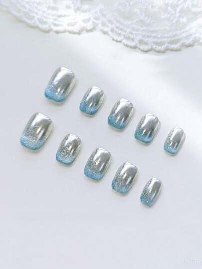 10pcs It Features A Silver-Blue Gradient With Shimmering Glitter, Exuding A Cool And Ethereal Vibe. The Design Is Minimalist Yet Captivating, With A Smooth, Glossy Finish That Highlights The Metallic Sheen And Subtle Color Transition. This Modern Style Is Perfect For Adding A Touch Of Icy Sophistication To Any Outfit, Making It Suitable For Daily Outings, Street Style Looks, And Casual Gatherings Throughout All Seasons.