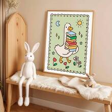 1幅帆布防水墙画，带框装饰画，适合儿童房，傻鹅读书海报，可爱鹅，儿童房装饰，现代艺术印刷品，傻鹅农场动物设计，卡通动物装饰画 - 彩色 - 查看 9