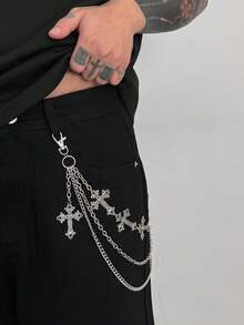 1pc Gothic Style Multi-Layer Cross Pendant Tassel Geometric Chain Body Chain, Retro Hip-Hop, Suitable For Festivals, Parties, Casual Wear, Street Photography, Men's/Couple's Birthday, Banquet, Versatile Charm Jewelry Waist Chain Gift - Silver - View 2