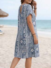 Plus Size Loose V-Neck Floral Print Short Sleeve Dress, Suitable For Spring/Summer Beach Vacation Elegant - Dusty Blue - View 2