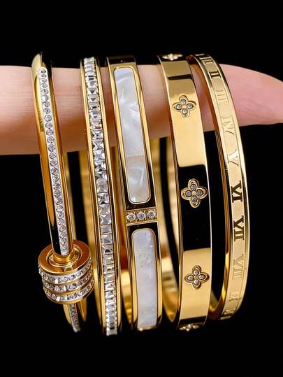 1件/3件装不锈钢极简主义手镯，饰有罗马数字/四叶草水钻，男女皆宜的奢华日常/商务佩戴配饰，理想的情人节礼物