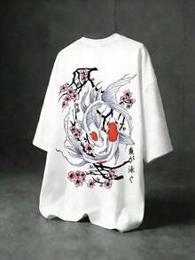 Camiseta Casual de Verano para Hombre Fractyr con Estampados de Peces Koi y Flores de Cerezo, Estilo Urbano Versátil, que Muestra tu Moda Única, Regalo Perfecto para Novio o Esposo - Blanco - Ver 4