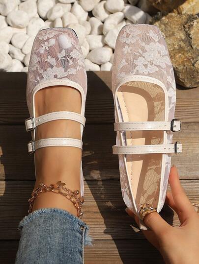 New Summer Lace Mesh Women's Flat Shoes, Hollow-Out Breathable Fashion Mary Jane Ballet Shoes With Thin Strap Buckle, Casual Versatile Soft Elegant Summer Mesh Shoes