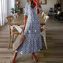 2026 European And American Bestseller Casual Sweet Loose V-Neck Printed Fringed Mid-Sleeve Long Dress For Women - 白色4 - 查看 2