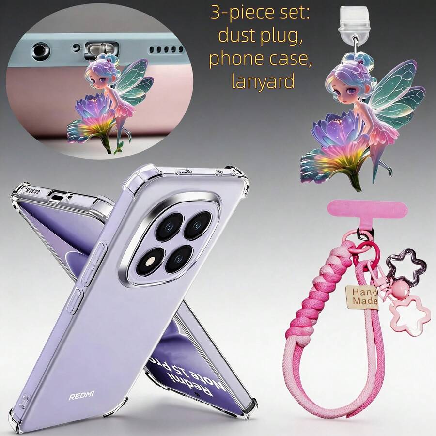 套装包含：透明防震手机壳 + 亚克力 2D 花卉图案 Type-C 防尘塞 + 粉色星星铃铛手机挂绳，兼容 15c 4G 173（欧版）/ A5/ A5 173MM/Note 14 Pro+ 5G/ Note14 Pro 5G/Note 14 4G/ 15c 171（欧版）/Poco C85/Note13 Pro+/Type-C 防尘塞 - 無色 - 查看 1