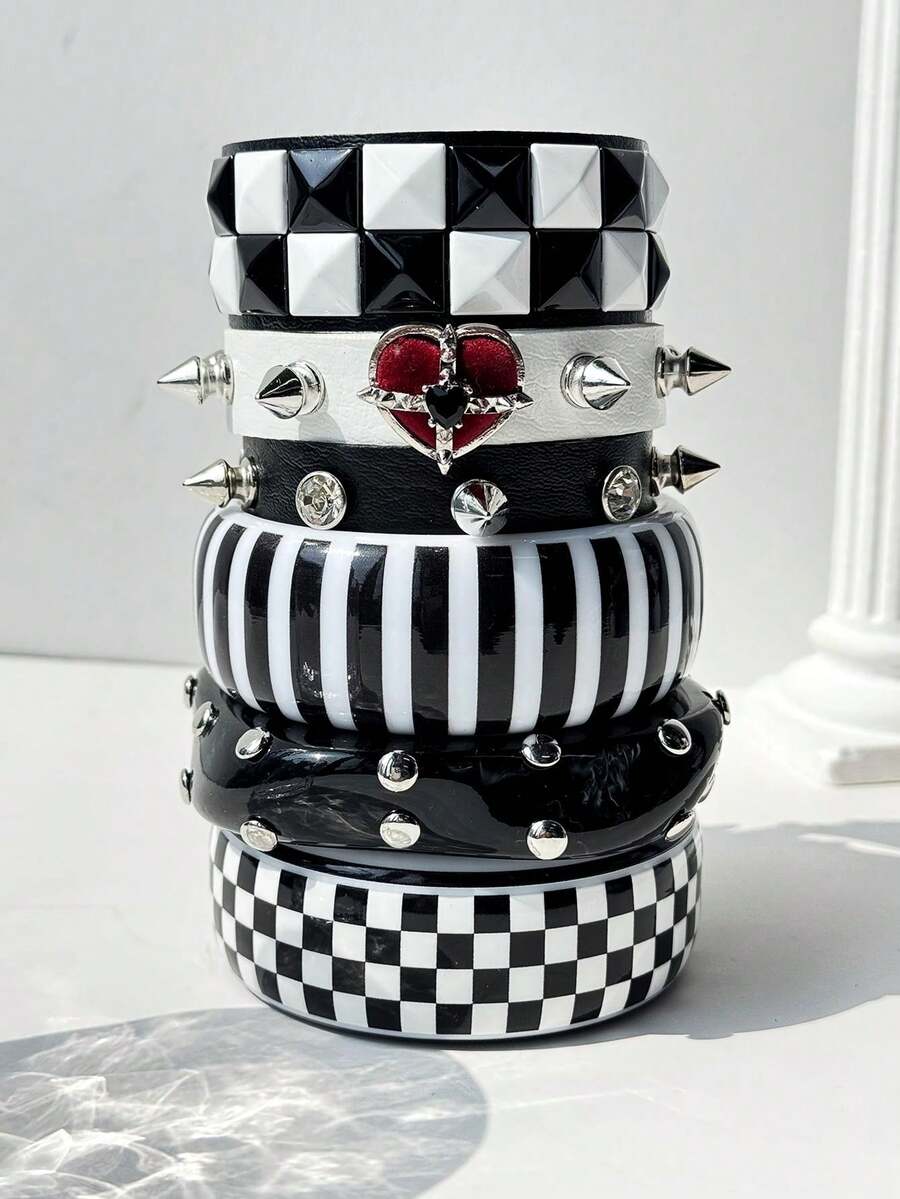 1 chiếc vòng tay sọc đinh tán bất đối xứng tối giản đen trắng, vòng tay charm phong cách punk phù hợp để đeo hàng ngày và dự tiệc. - Nhiều màu - Xem 1