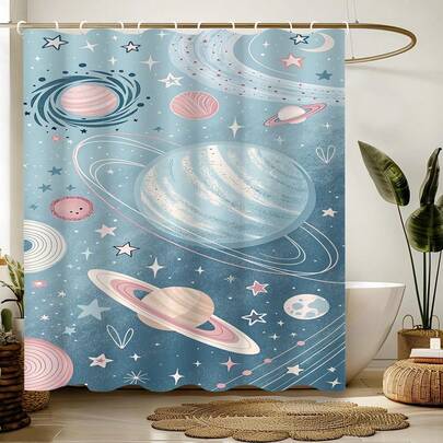 1件卡通宇宙星空图案浴帘，可爱宇宙印花浴帘，适用于各种房间门窗、浴室装饰隔断、浴室配件