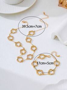 镂空四叶草水钻项链手链套装，优雅女士礼物 - 金色 - 查看 4