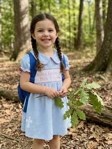 Little Girls Easter Dress Summer Short Sleeve Doll Collar Letter Cross Embroidery A-Line Dress - Màu xanh lam - Xem 3