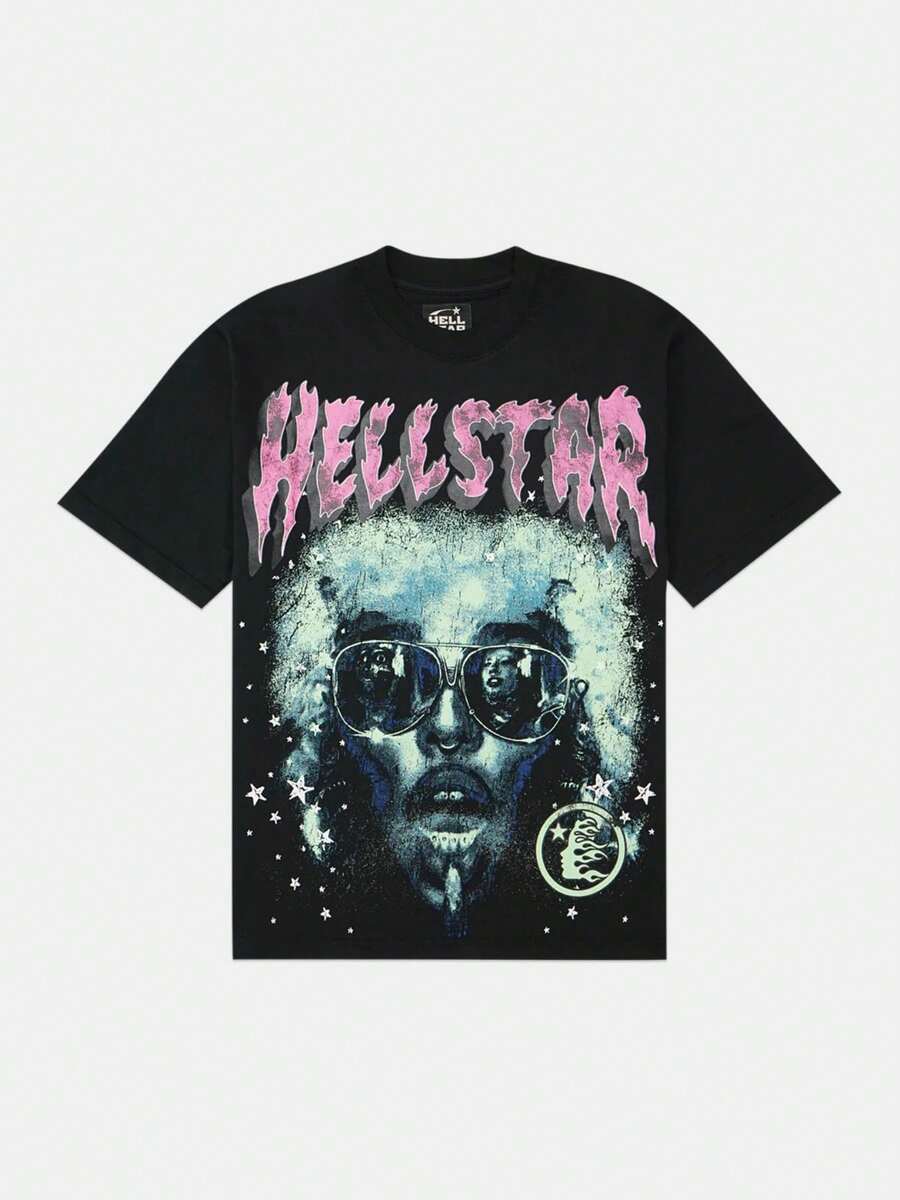 Plus Size Hellstars Afro Sunglasses Portrait Y2K Graphic T-Shirt,220g 100% Cotton,Round Neck Short Sleeve,Black Streetwear Essential For Summer Going Out,Unisex Style - 黑色 - 查看 1