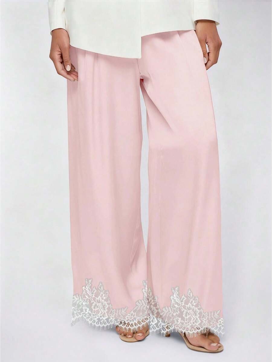 Women's Spring Summer Satin Pants Lace Trim Cuff Loose Wide Leg Trousers for Daily Wear - Rosa - Ver 1