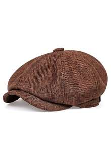 1pc Men's Solid Color Linen Newsboy Cap, Casual Outdoor Hat Suitable Spring, Autumn, Travel, Beach, Party - 棕色 - 查看 6