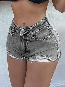 Asymmetrical Frayed Hem Distressed Ripped Wide Leg Denim Shorts, Sexy Style - Light Grey - View 2