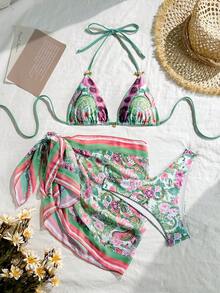 Bộ bikini buộc dây kiểu bohemian thanh lịch dành cho nữ mùa xuân/hè, kèm áo khoác ngoài bằng vải chiffon in họa tiết hoa, thiết kế buộc dây phía sau, thích hợp cho bãi biển, lễ Phục sinh, ngày Thánh Patrick, đi chơi, kỳ nghỉ tốt nghiệp. - Màu xanh Bạc hà - Xem 9