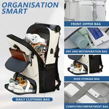 YSTYLE 易捷航空手提行李背包 52x32x17厘米/57x30x20厘米/63x35x23厘米 男女通用登機箱包 15.6英寸筆記型電腦背包 帶USB充電器 徒步旅行背包 - 米白黑 - 查看 2