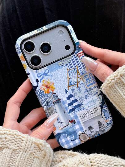 GIIPPA 1 Piece Blue Ocean Element Collage Design Phone 17 Pro Max Case, Suitable For Phone 16 Pro Max, 15 Pro Max, 14 Pro Max, Korean Stylish And Interesting Phone Case, Compatible With 11/12/13/14/15/16 Pro Max Plus, Elegant Design For Both Men And Women, Ideal Gift For Christmas, Valentine's Day, Easter, Wedding Season And Birthday For Girlfriend