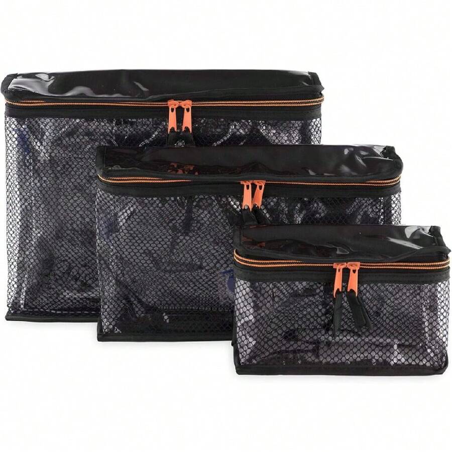 Set Of 3 Waterproof Cosmetic Bags – Different Sizes | Makeup Case, Travel Toiletry Bag, Diaper And Medicine Organizer | Black With Orange – Containers By Aline, 42653582 - 摩卡棕 - 查看 1