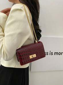 1pc Faux Leather Crocodile Embossed Pattern Mini Chain Shoulder Bag, Fashion - Burgundy - View 4