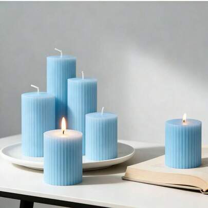 1支条纹圆柱形香薰蜡烛，大号柱状蜡烛，无烟无滴蜡，燃烧时间长，直径5厘米，高度5-20厘米，适用于浴室、客厅、婚礼、生日、桌面和节日装饰（蓝色）