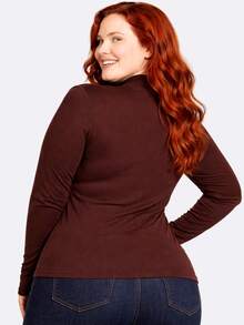 Women's Plus Size Turtleneck Long Sleeve Ribbed Winter Blouse - Coffee Brown - View 2