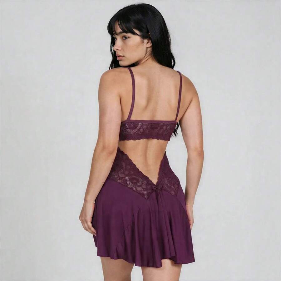 Sexy Lace Nightdress Backless Nightwear - 酒紅色 - 查看 1
