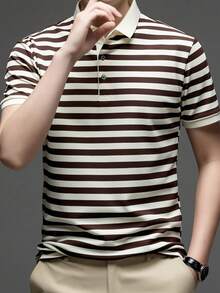 Pro Man Men's Striped Knit Polo Shirt - Fashionable & Comfortable - Knitted - Mocha Brown - View 3