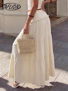 Aflion 女士高腰褶皱层叠长款连衣裙 - 法式复古甜美风格，适合夏季海滩、度假、约会、乡村等场合 - 黃色 - 查看 9