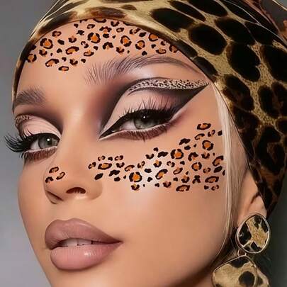 10张豹纹临时纹身贴纸，性感时尚，适合音乐节、派对、生日、万圣节装扮，防水持久，可用于脸部、颈部、肩部、全身。