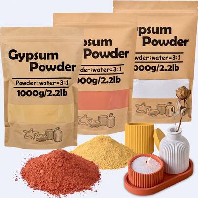 2.2磅/1000克高密度石膏粉，红黄相间，适用于DIY雕塑模具、花瓶制作、铸造生产材料，桶装石膏粉