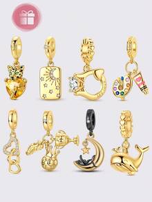 1pc Original Design Silver Charm Beads, Gold-Plated Starry Moon Cat Whale Pendant, High-Quality Cubic Zirconia Inlaid, Elegant Jewelry Gift Suitable For Handmade Bracelet & Necklace DIY - Gold - View 11