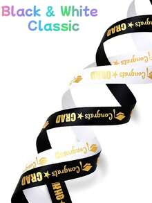 2 rollos de cintas de felicitación de graduación en blanco y negro con efecto metalizado, cintas decorativas para fiestas de graduación, para envolver regalos/manualidades DIY, longitud total de 50 yardas, estilo de graduación en blanco y negro, adecuado para decorar diplomas y vestimenta de graduación - Talla única - Ver 9