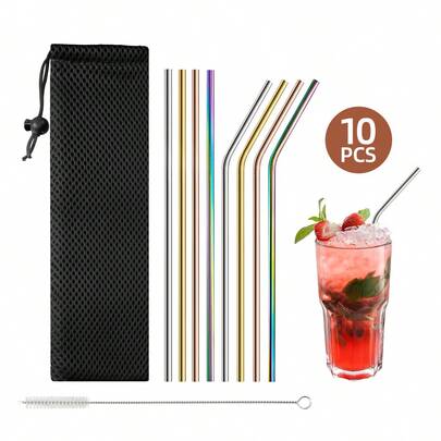 10支装不锈钢吸管套装，可重复使用金属吸管，配有清洁刷和收纳袋，结实耐用，适用于奶茶、奶昔、果汁、鸡尾酒和咖啡，是厨房、派对、酒吧、户外、露营、野餐、婚礼、新娘送礼会和母亲节的理想之选。
